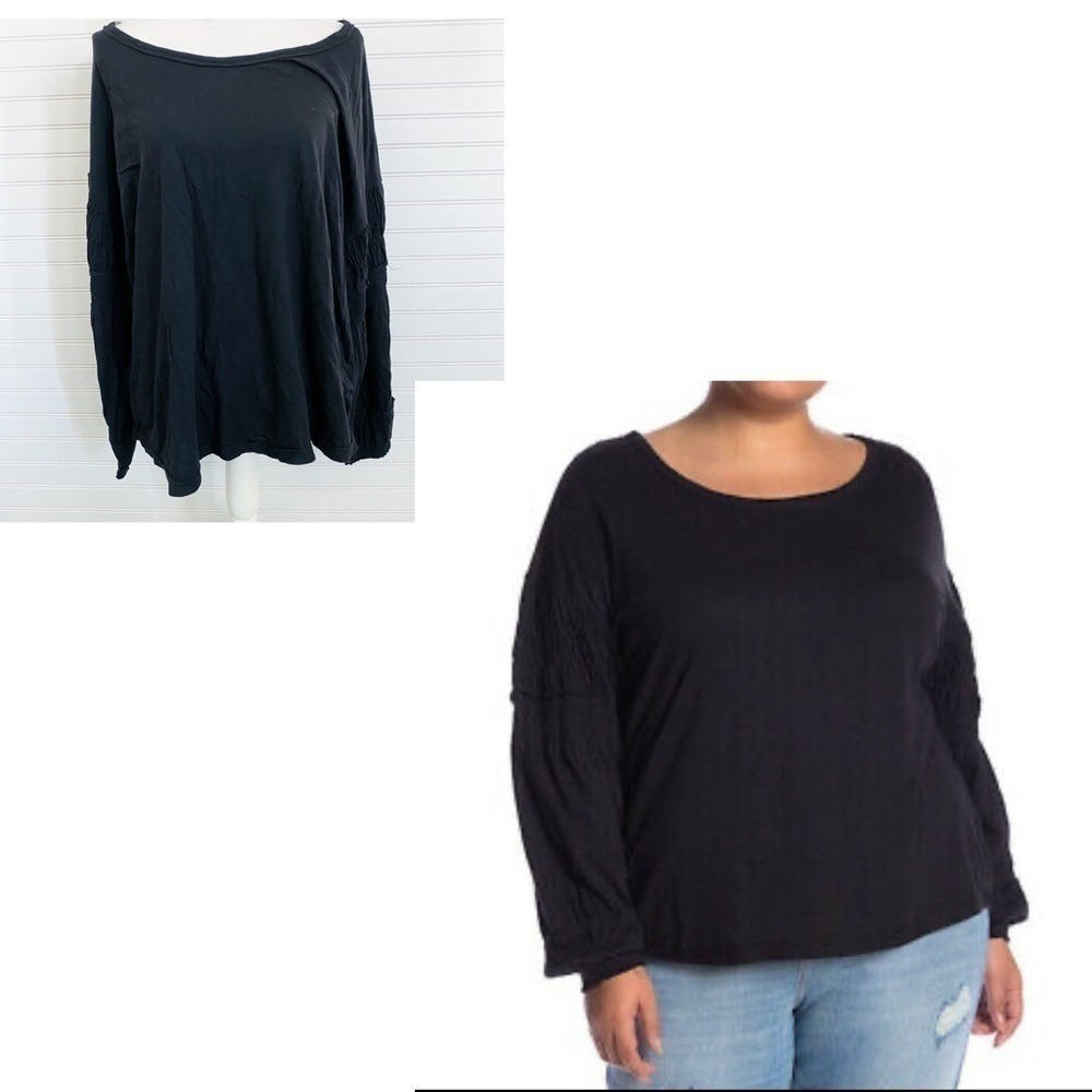 Melrose and Market Top 2X Black Smocked Sleeve Scoop Neck RK388013WN